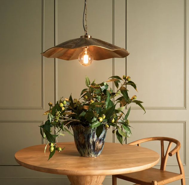Brass hammered ceiling pendant light in room setting - Lurepa Interiors