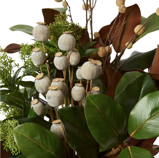 Magnolia Leaf and Poppy Seed faux floral arrangement, detail - Lurepa Interiors