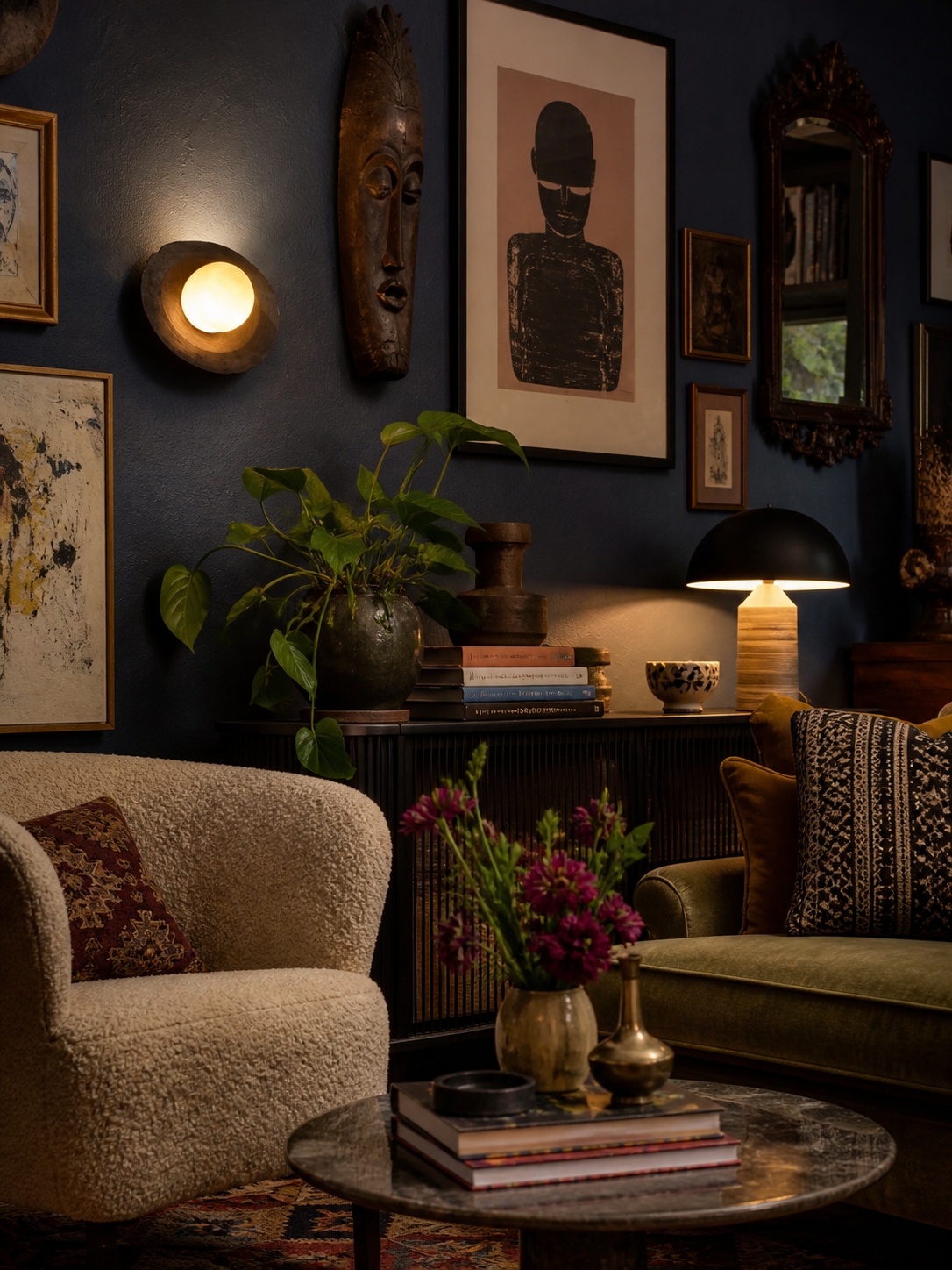 Cozy living room with dark walls, decorative items, and warm lighting.