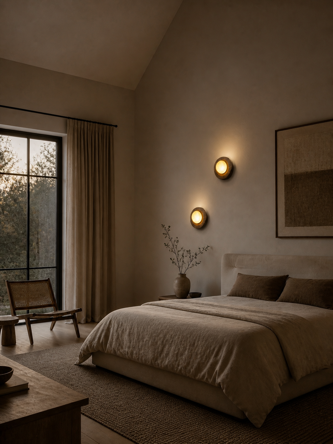 Cozy bedroom with a bed, wall sconces, and a window view.