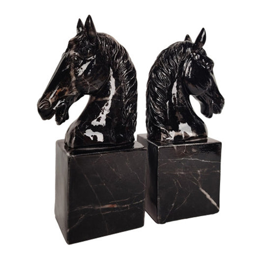 Black Resin Marble Horse Bookends