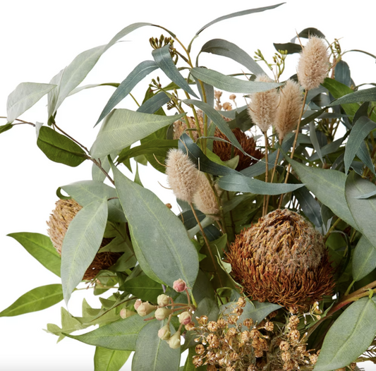 Dried Banksia and Eucalyptus arrangement in Azalea vase, detail - Lurepa Interiors