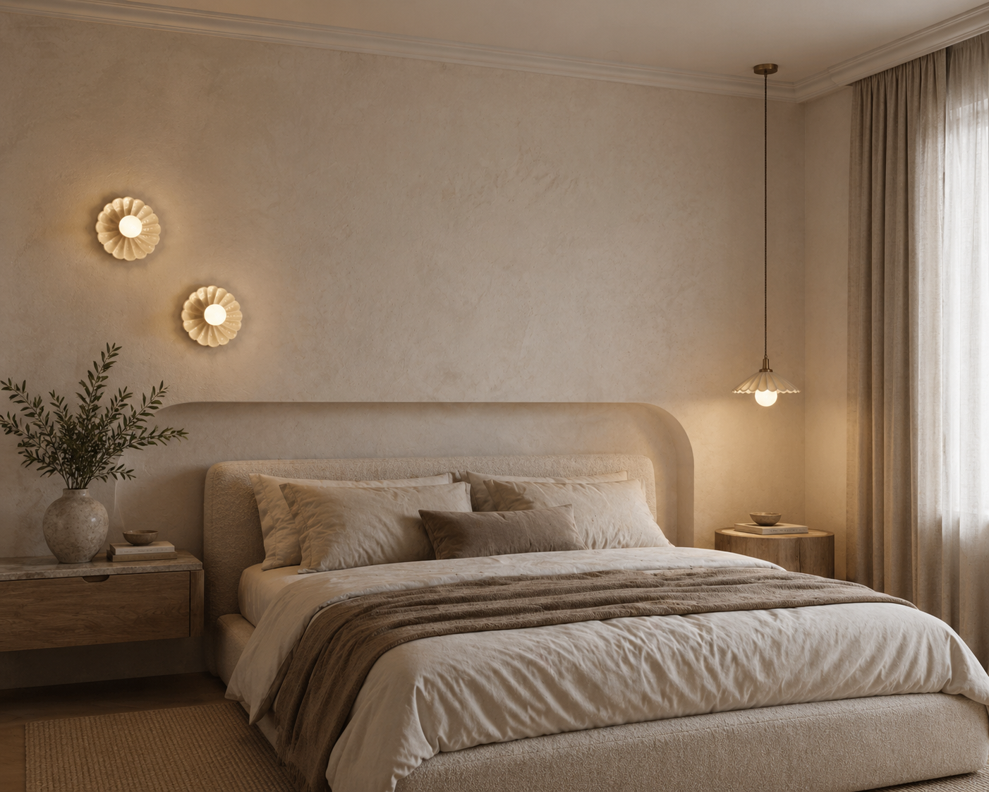 Cozy bedroom with beige walls, bed, and lighting fixtures.